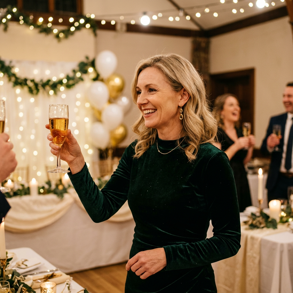 Smiling woman raising champagne flute at a decorated holiday party
