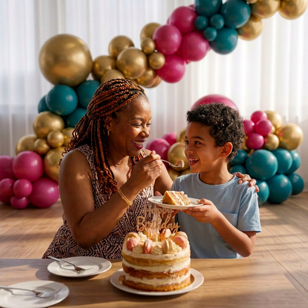 party planning A whimsical yet refined child’s birthday scene arranged in a chic living room, featuring a low, round wooden table set for a small group, with miniature place settings in soft pastels and gold accents. Carefully chosen décor includes an oversized organic balloon garland in cream, blush, and dusty blue arching over the table, and a small, impeccably frosted cake on a ceramic stand with delicate sugar flowers. Plush floor cushions in coordinated fabrics surround the table, inviting but unused. Soft natural light streams through sheer curtains, creating a dreamy glow and gentle shadows. Shot at a slightly low angle to emphasize the sense of wonder, with a shallow depth of field that keeps the table in crisp focus while toys and gift boxes in the background blur into subtle shapes, conveying imaginative, boutique event design in a realistic photographic style.