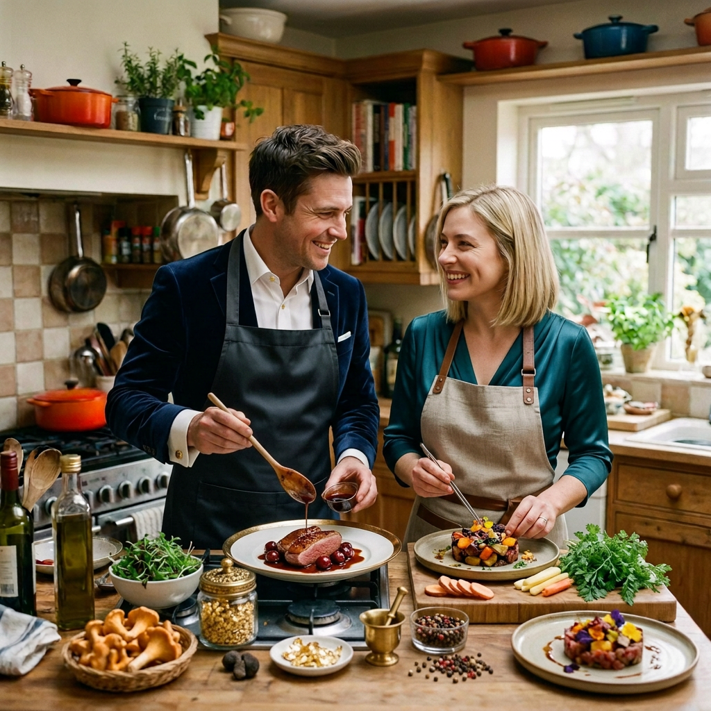 Couple cooking together in a kitchen with vegetables and simmering sauce
